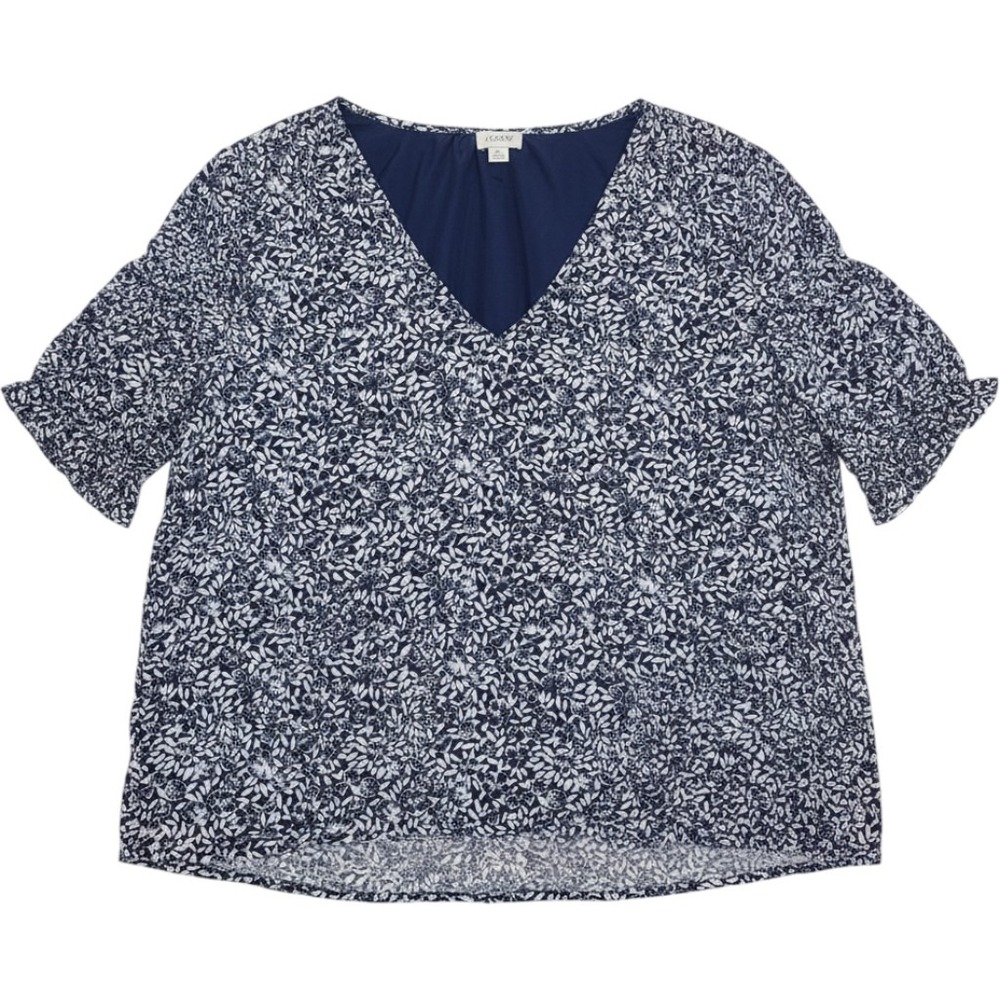 J.Crew Floral V-Neck Blouse Womens XL Navy White Excellent Ruffle Sleeve Top